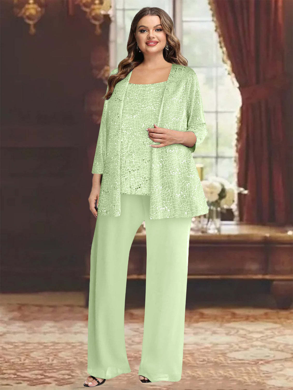 Plus Size Chiffon Mother of the Bride Pantsuit with Sequined Jacket