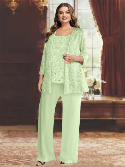 Plus Size Chiffon Mother of the Bride Pantsuit with Sequined Jacket