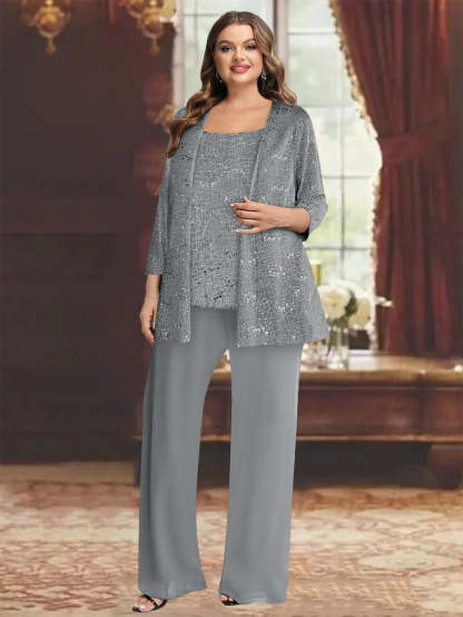 Plus Size Chiffon Mother of the Bride Pantsuit with Sequined Jacket