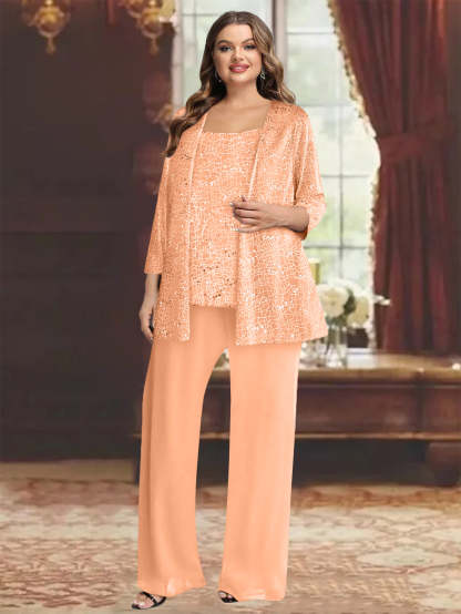 Plus Size Chiffon Mother of the Bride Pantsuit with Sequined Jacket