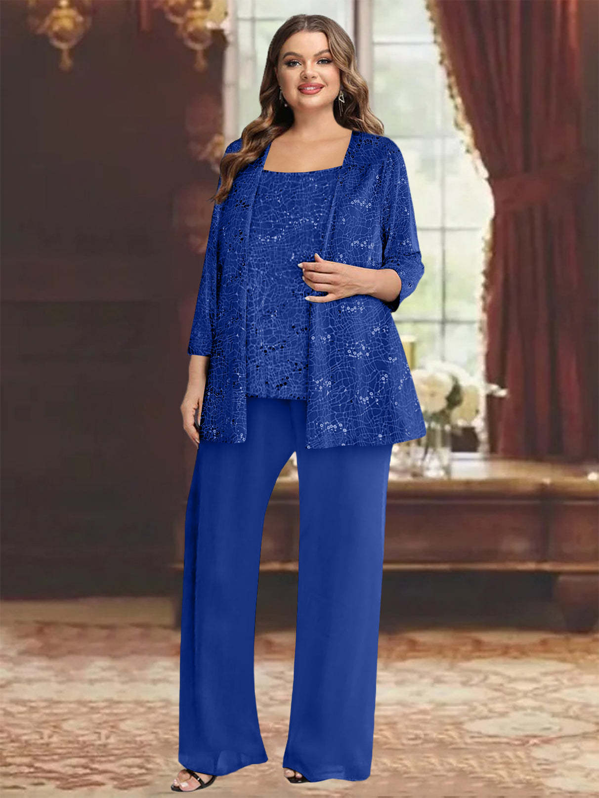 Plus Size Chiffon Mother of the Bride Pantsuit with Sequined Jacket