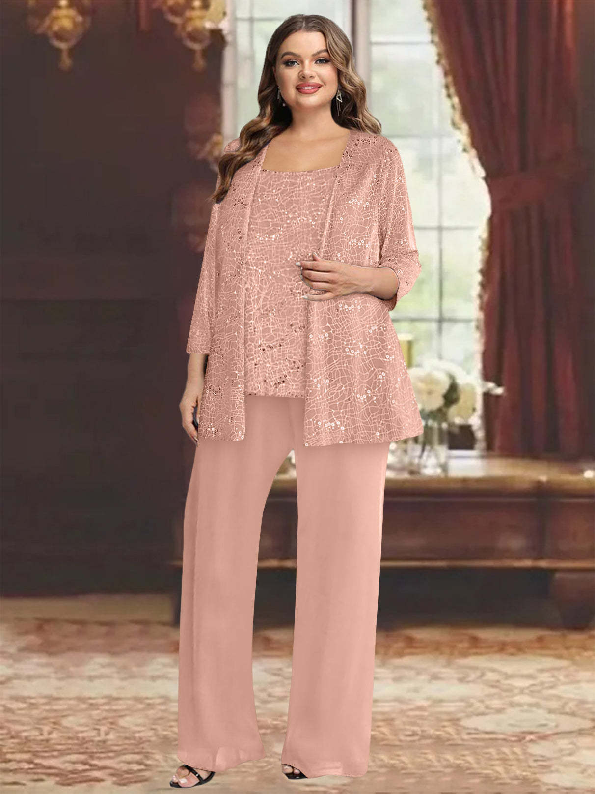 Plus Size Chiffon Mother of the Bride Pantsuit with Sequined Jacket