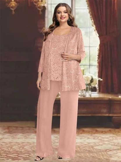 Plus Size Chiffon Mother of the Bride Pantsuit with Sequined Jacket