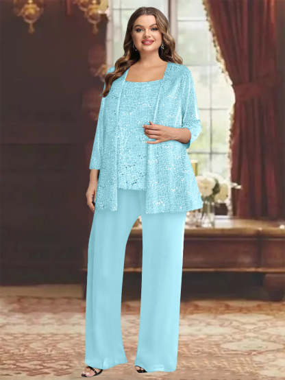 Plus Size Chiffon Mother of the Bride Pantsuit with Sequined Jacket