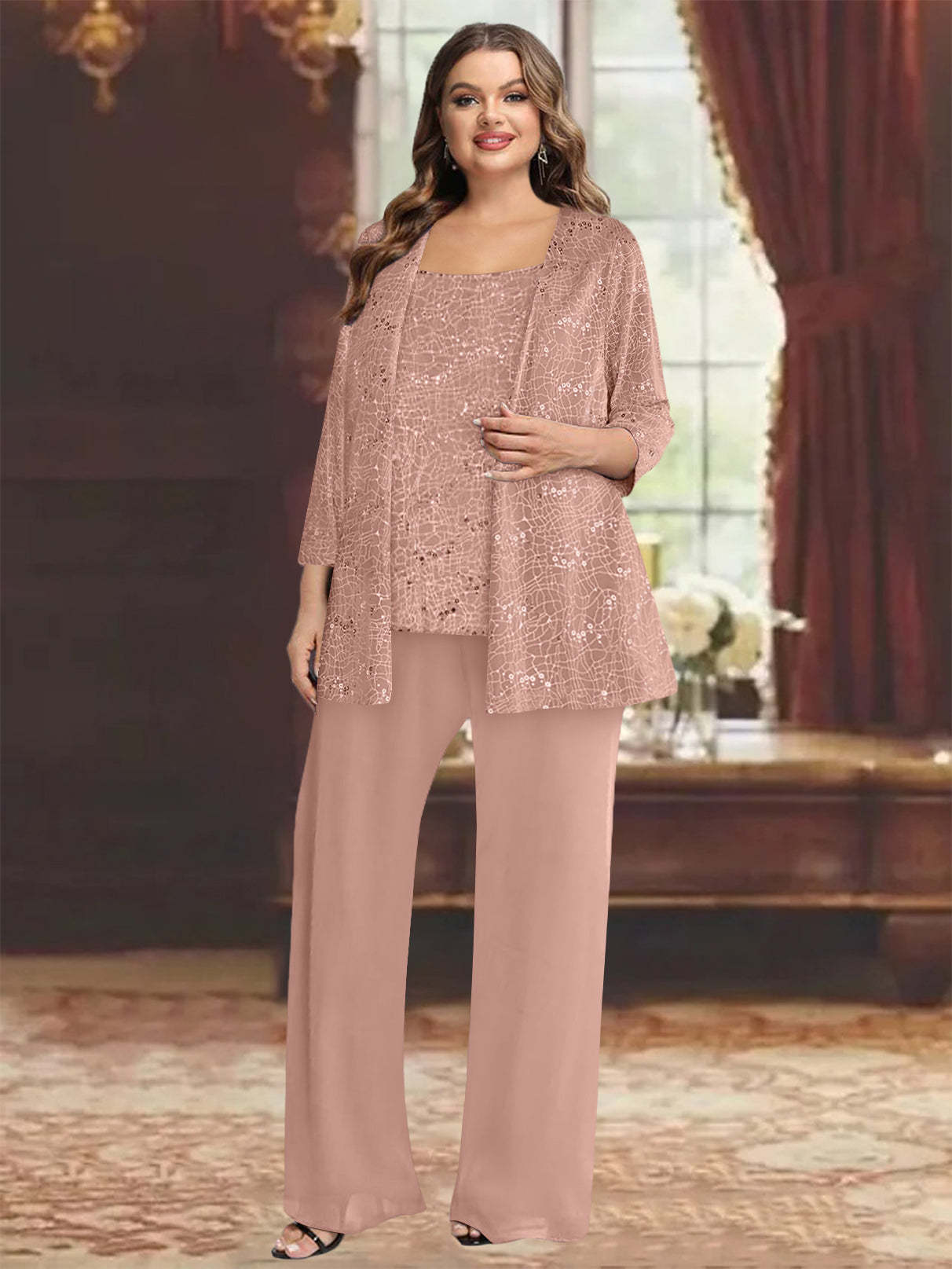 Plus Size Chiffon Mother of the Bride Pantsuit with Sequined Jacket