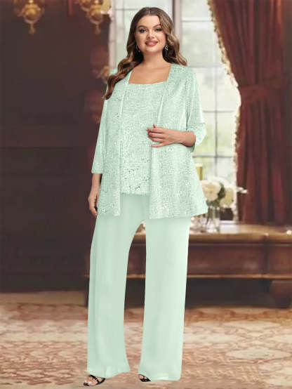 Plus Size Chiffon Mother of the Bride Pantsuit with Sequined Jacket