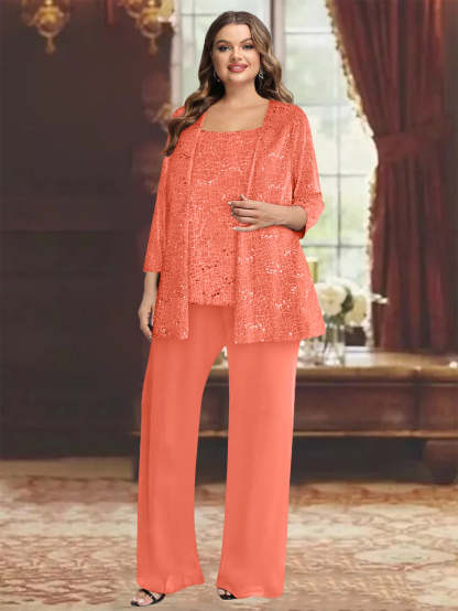 Plus Size Chiffon Mother of the Bride Pantsuit with Sequined Jacket