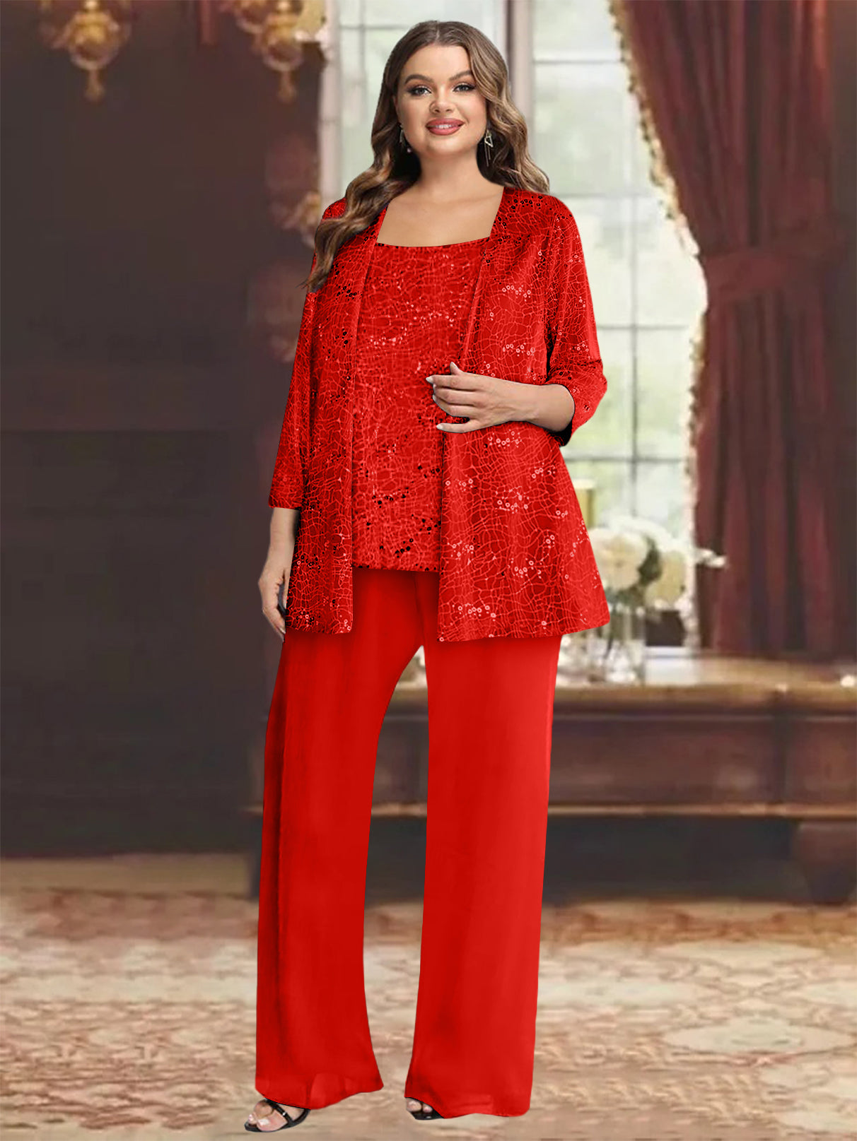 Plus Size Chiffon Mother of the Bride Pantsuit with Sequined Jacket