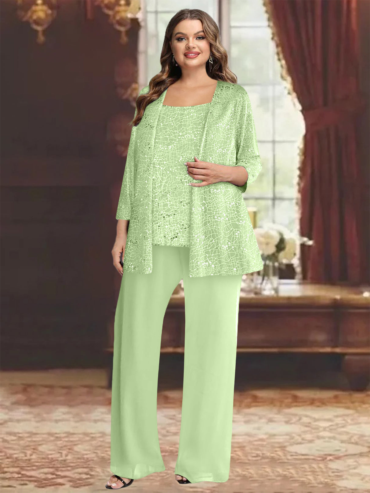 Plus Size Chiffon Mother of the Bride Pantsuit with Sequined Jacket