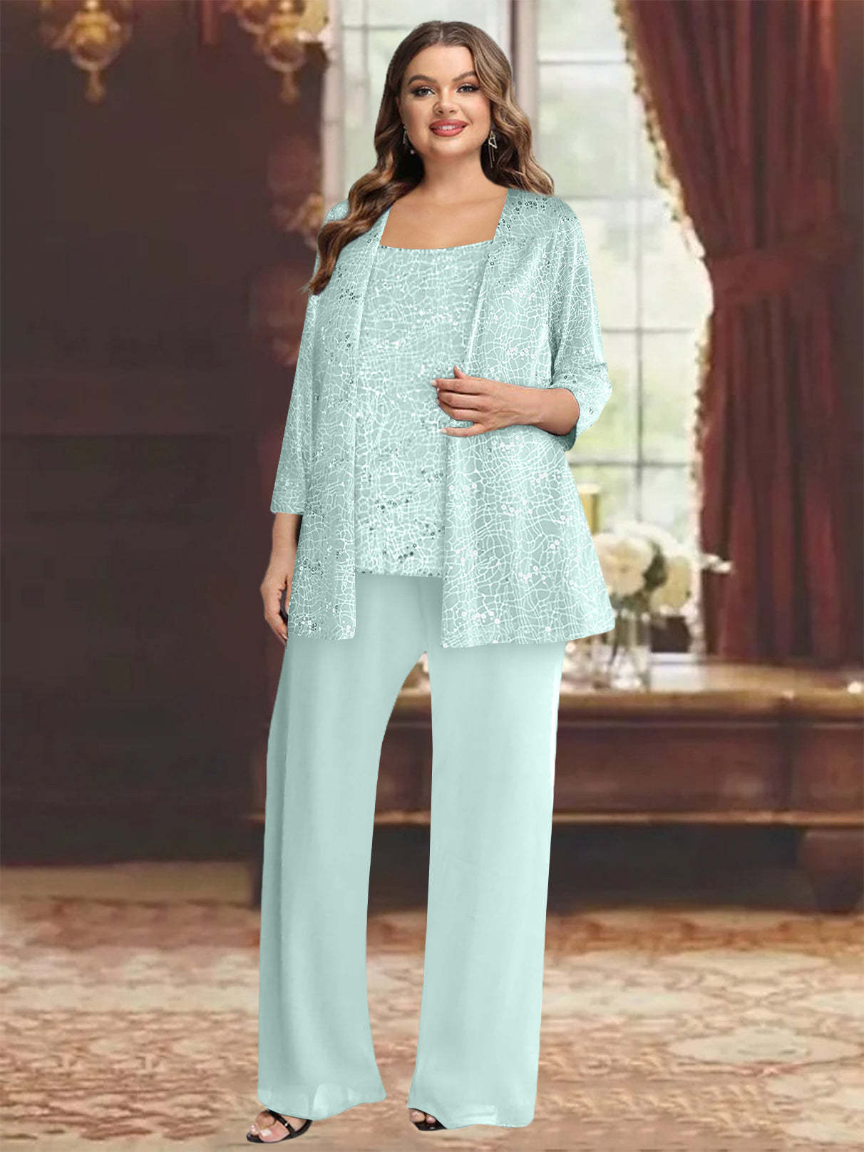 Plus Size Chiffon Mother of the Bride Pantsuit with Sequined Jacket