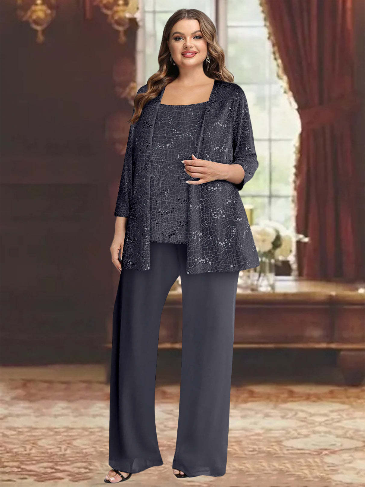 Plus Size Chiffon Mother of the Bride Pantsuit with Sequined Jacket