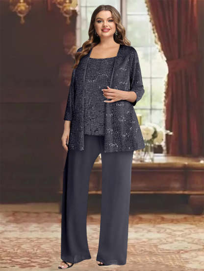 Plus Size Chiffon Mother of the Bride Pantsuit with Sequined Jacket