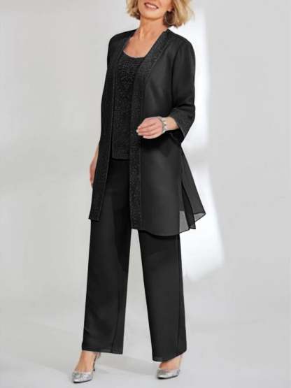 Ankle-Length Chiffon Mother of the Bride Pantsuit with Jacket in Scoop Style
