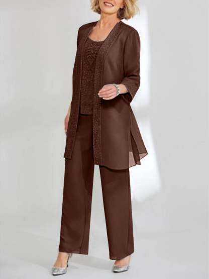 Ankle-Length Chiffon Mother of the Bride Pantsuit with Jacket in Scoop Style