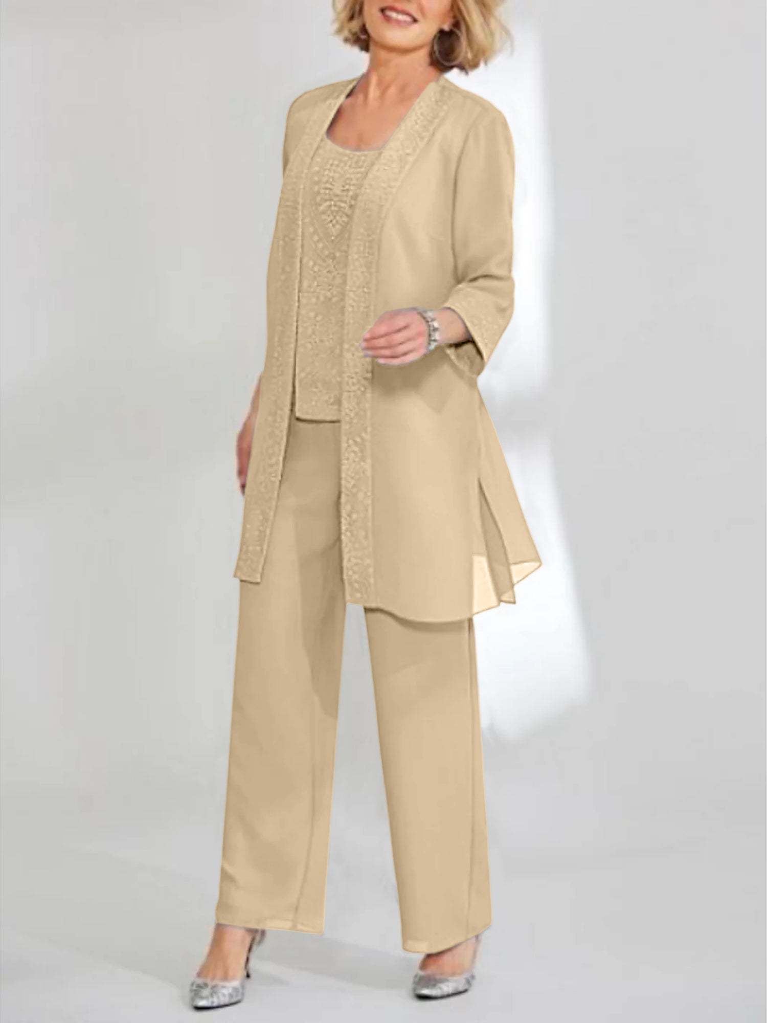 Ankle-Length Chiffon Mother of the Bride Pantsuit with Jacket in Scoop Style