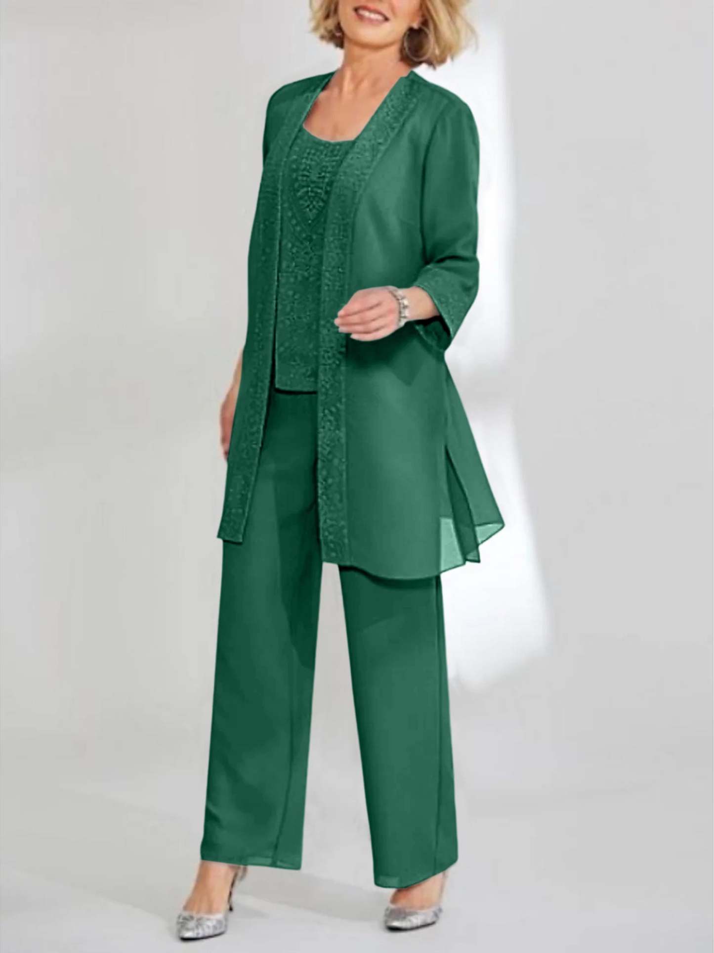 Ankle-Length Chiffon Mother of the Bride Pantsuit with Jacket in Scoop Style
