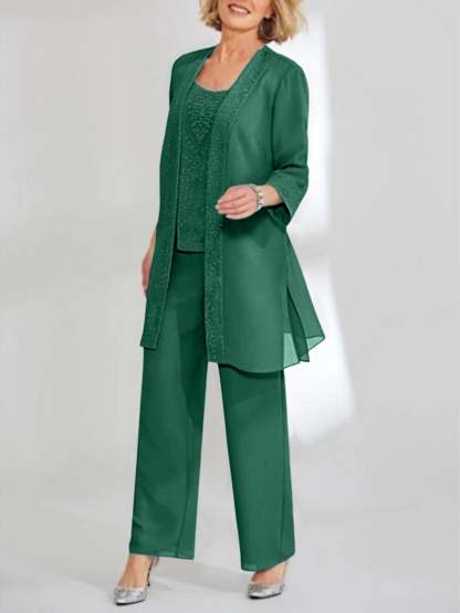 Ankle-Length Chiffon Mother of the Bride Pantsuit with Jacket in Scoop Style