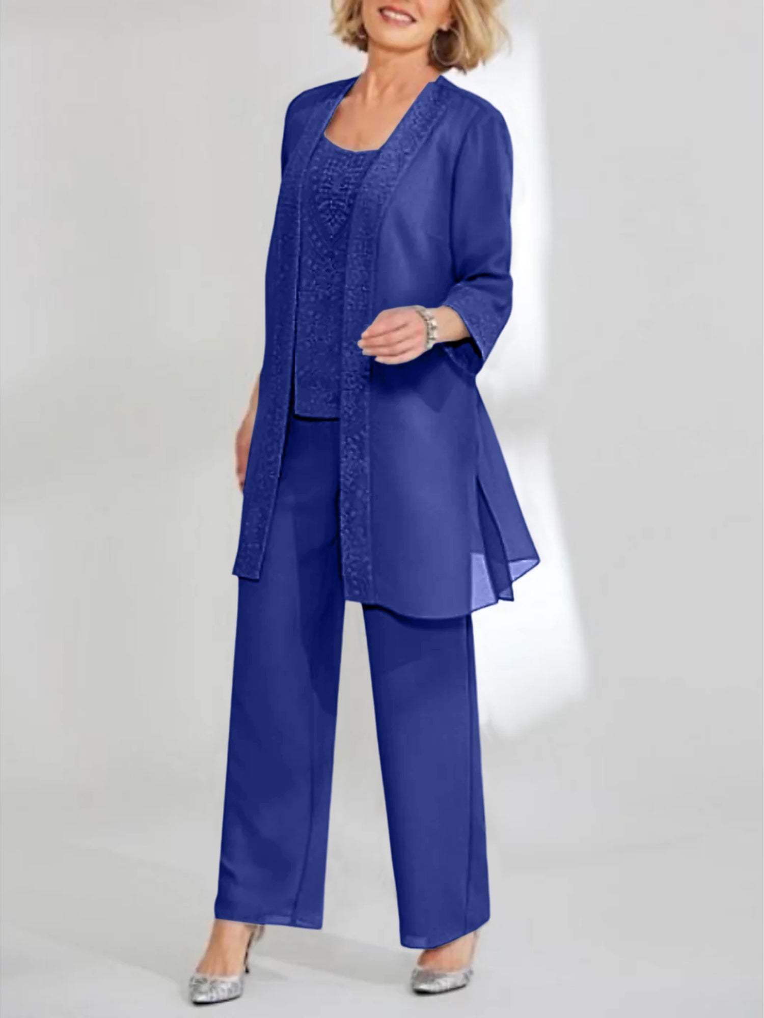 Ankle-Length Chiffon Mother of the Bride Pantsuit with Jacket in Scoop Style