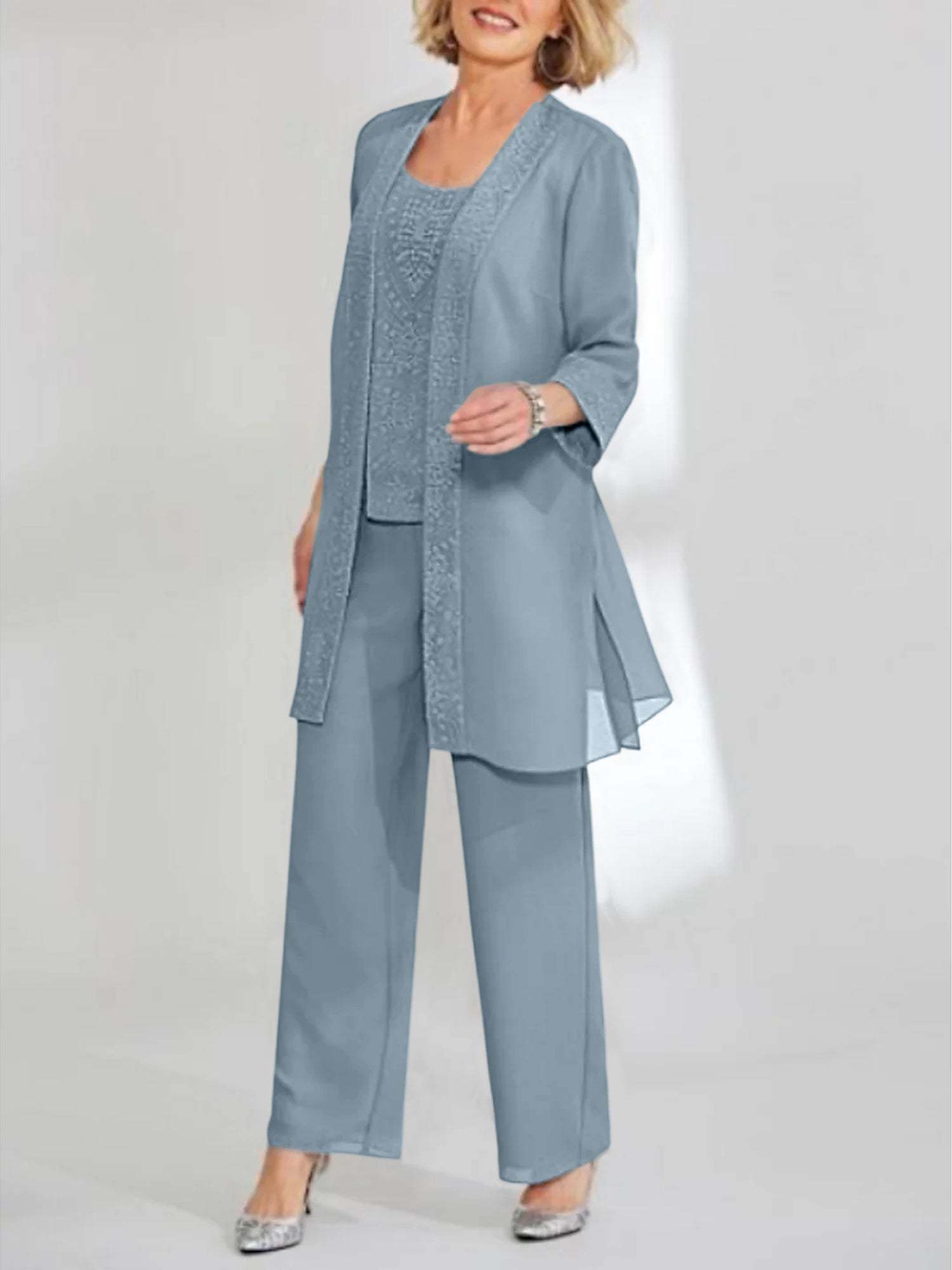 Ankle-Length Chiffon Mother of the Bride Pantsuit with Jacket in Scoop Style
