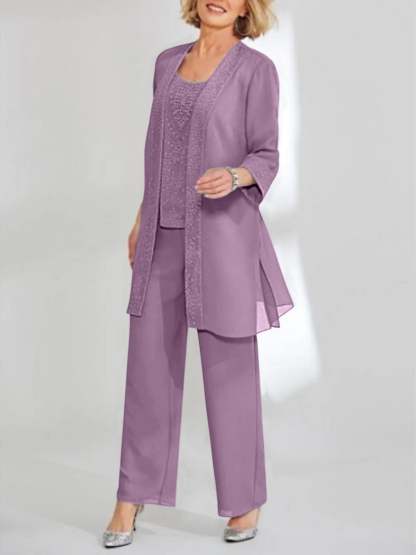 Ankle-Length Chiffon Mother of the Bride Pantsuit with Jacket in Scoop Style