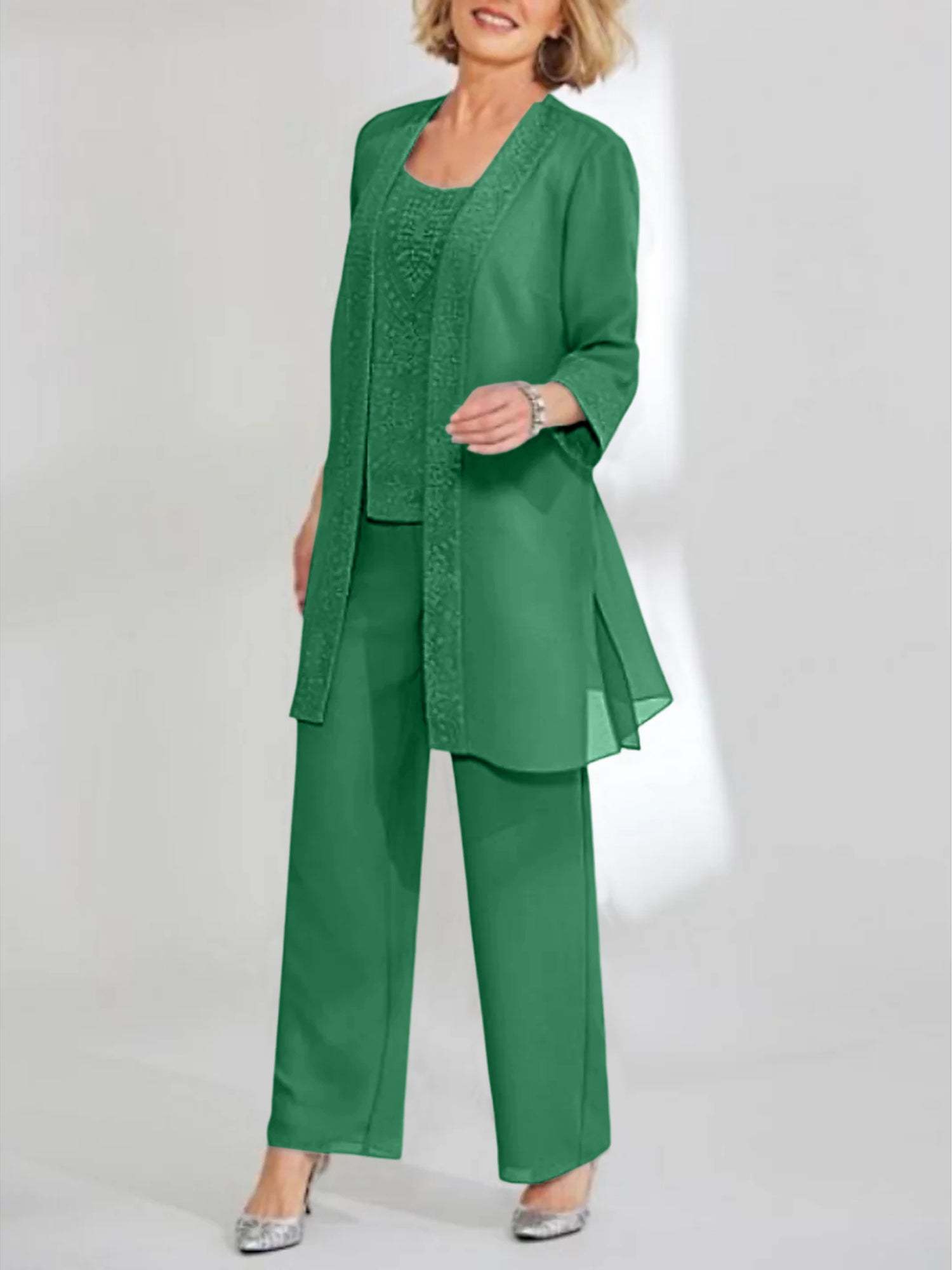 Ankle-Length Chiffon Mother of the Bride Pantsuit with Jacket in Scoop Style
