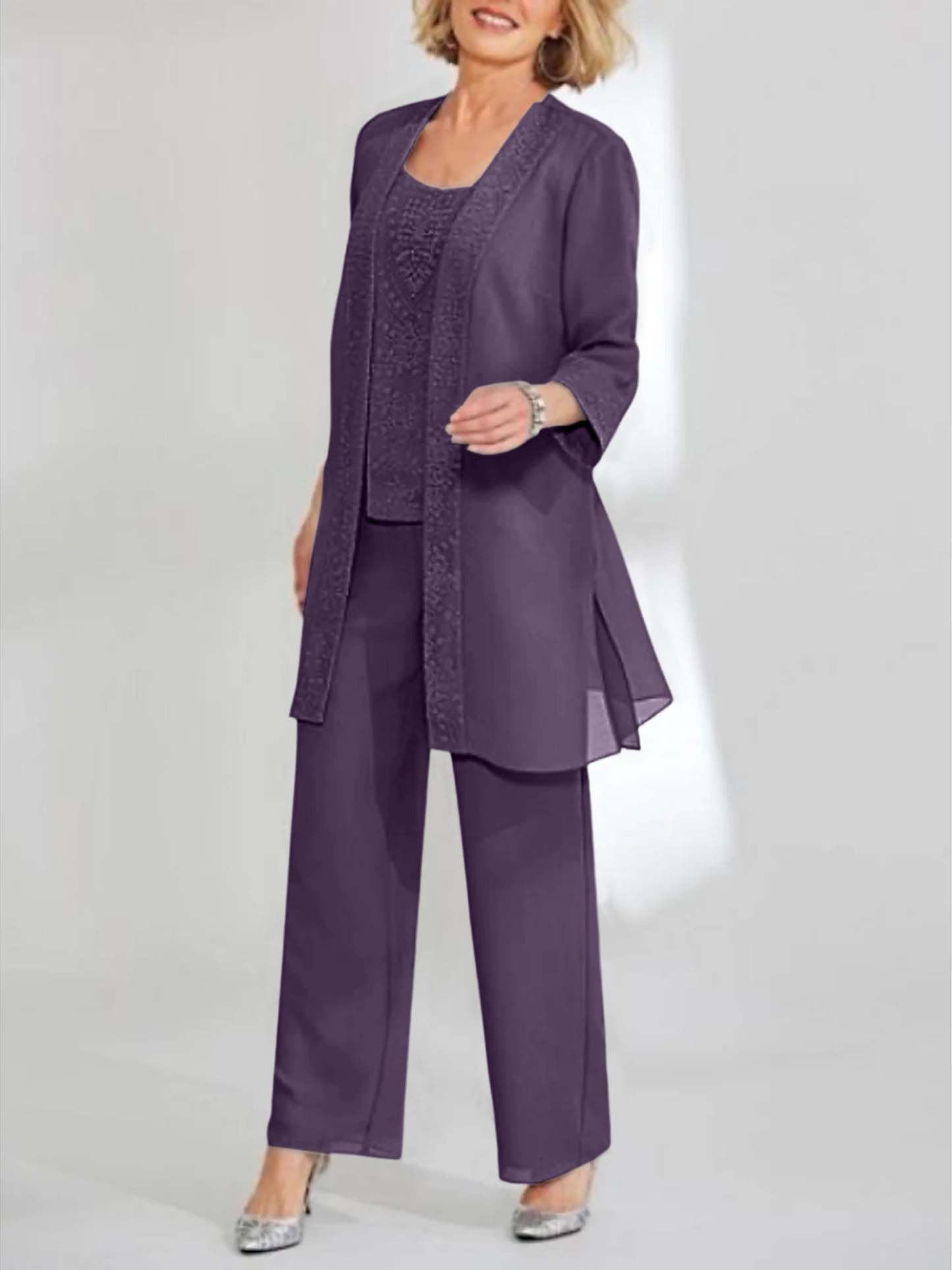 Ankle-Length Chiffon Mother of the Bride Pantsuit with Jacket in Scoop Style