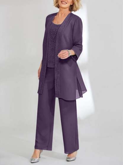 Ankle-Length Chiffon Mother of the Bride Pantsuit with Jacket in Scoop Style