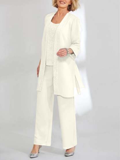 Ankle-Length Chiffon Mother of the Bride Pantsuit with Jacket in Scoop Style