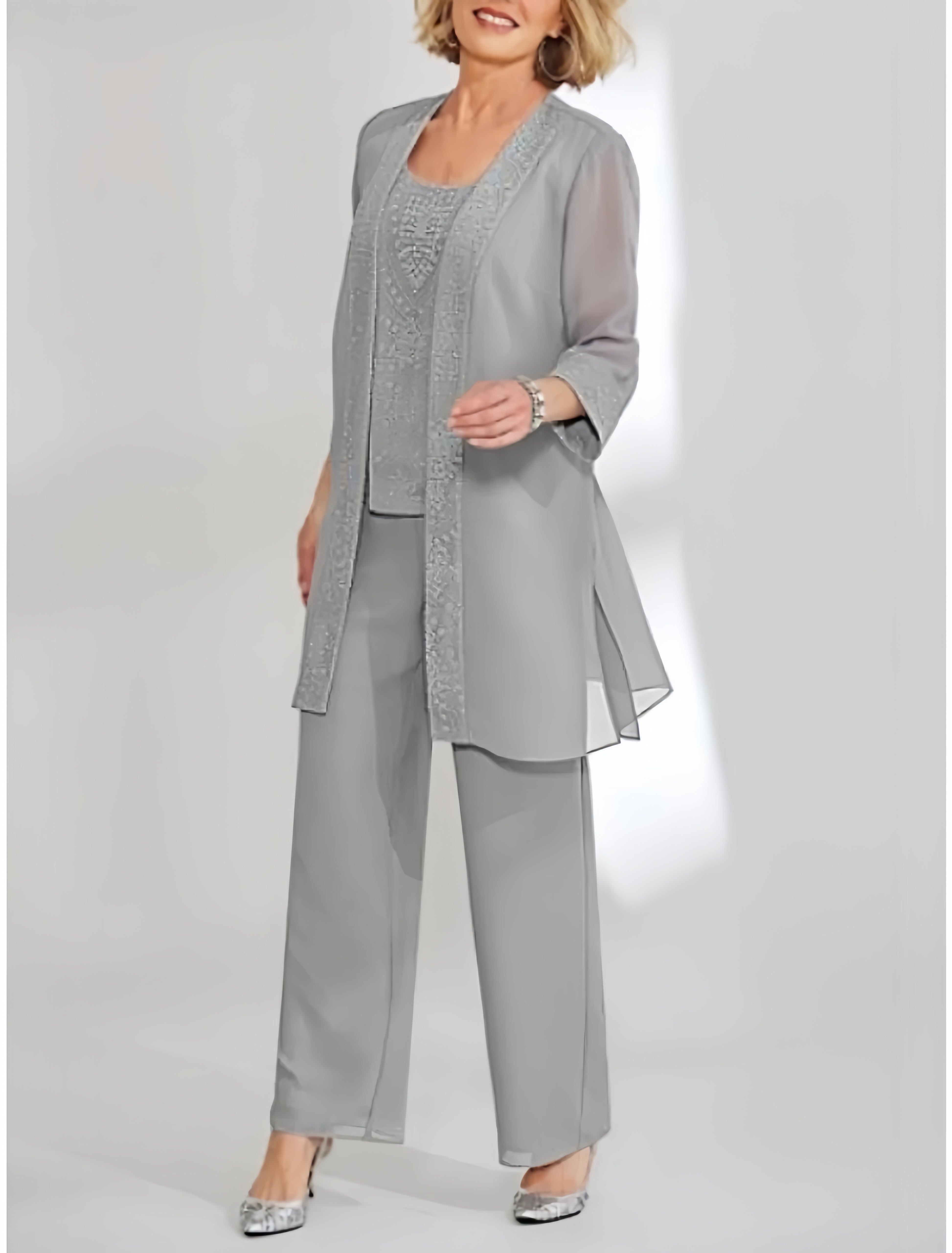 Ankle-Length Chiffon Mother of the Bride Pantsuit with Jacket in Scoop Style