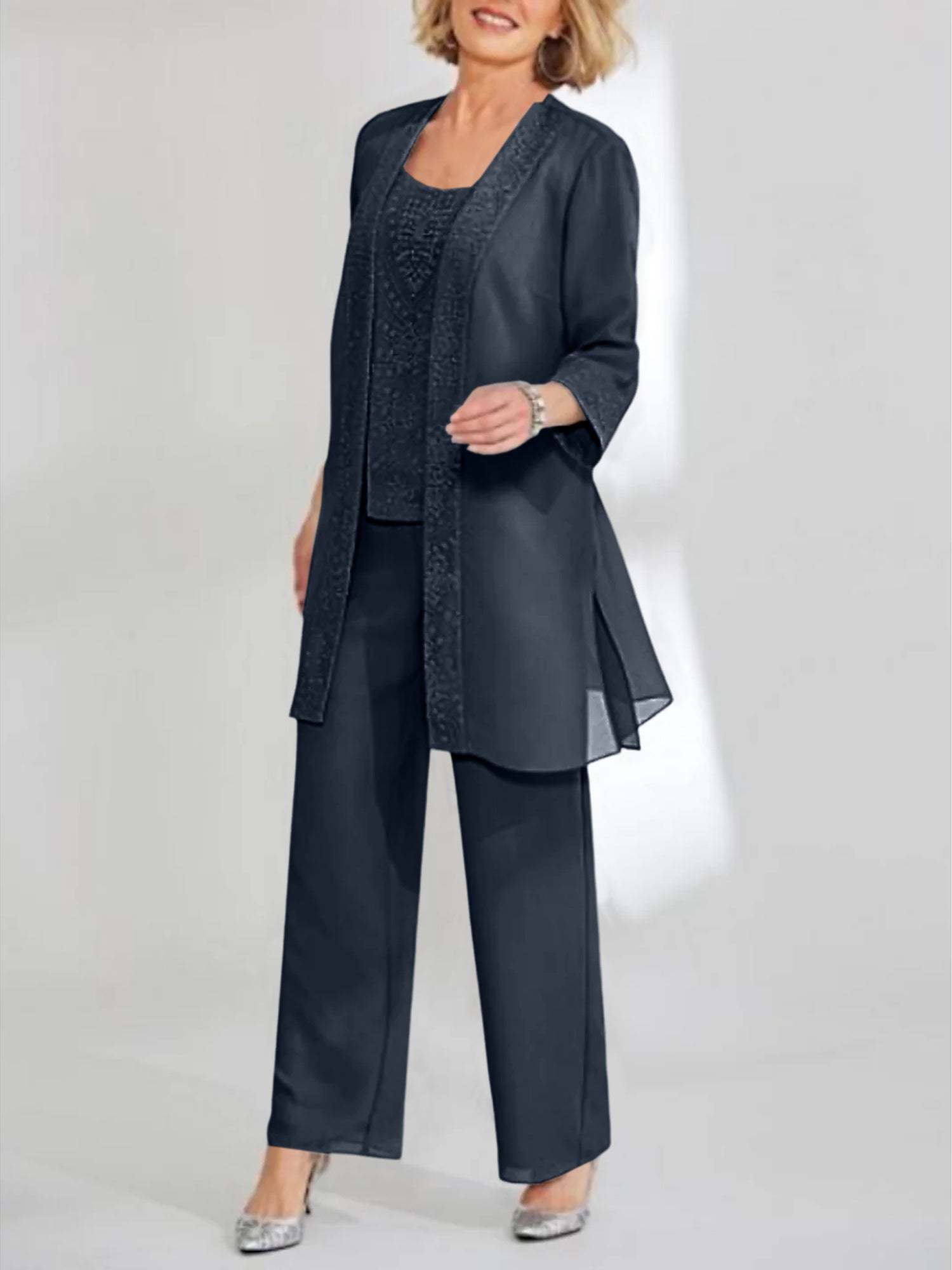 Ankle-Length Chiffon Mother of the Bride Pantsuit with Jacket in Scoop Style