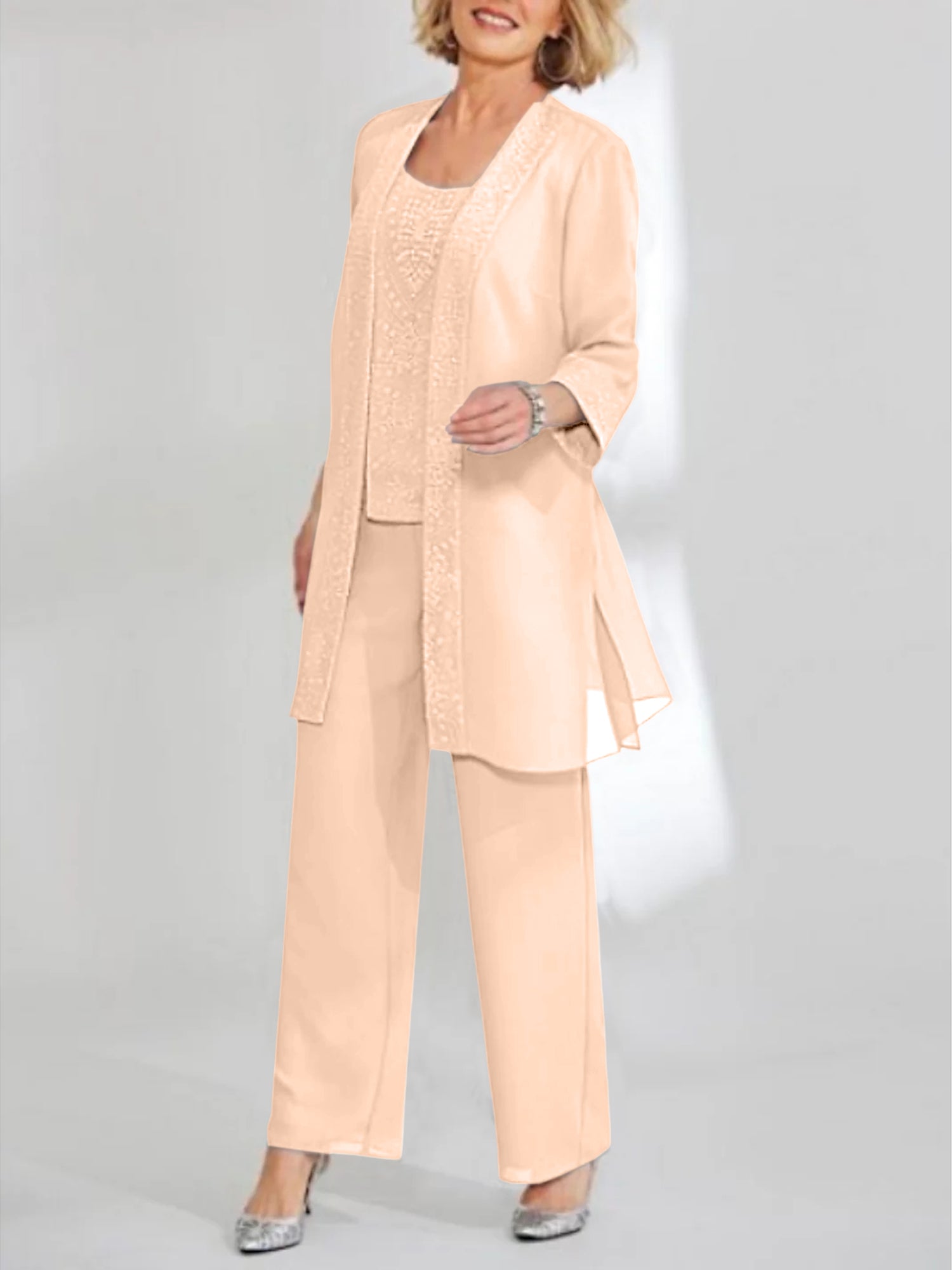 Ankle-Length Chiffon Mother of the Bride Pantsuit with Jacket in Scoop Style