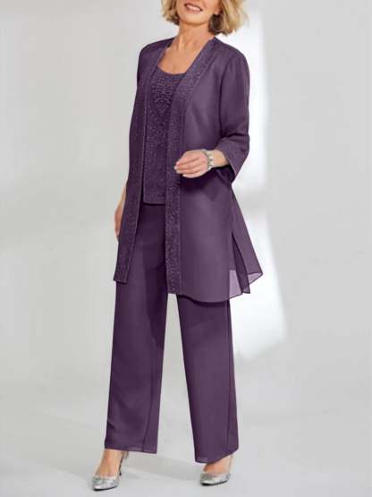 Ankle-Length Chiffon Mother of the Bride Pantsuit with Jacket in Scoop Style