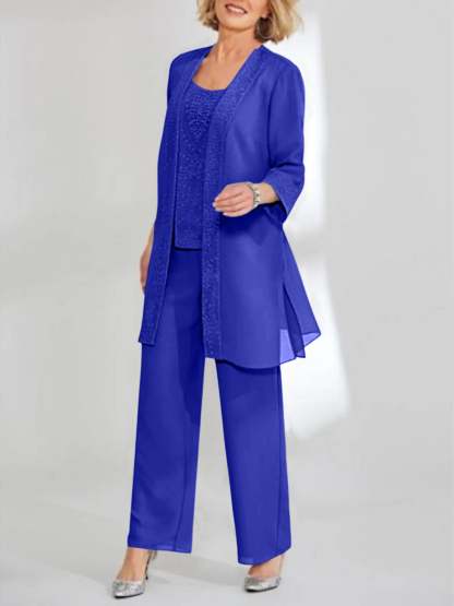 Ankle-Length Chiffon Mother of the Bride Pantsuit with Jacket in Scoop Style