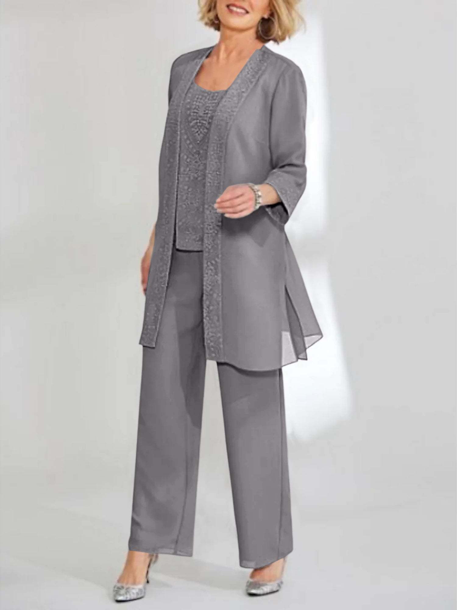 Ankle-Length Chiffon Mother of the Bride Pantsuit with Jacket in Scoop Style