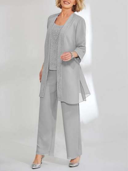 Ankle-Length Chiffon Mother of the Bride Pantsuit with Jacket in Scoop Style