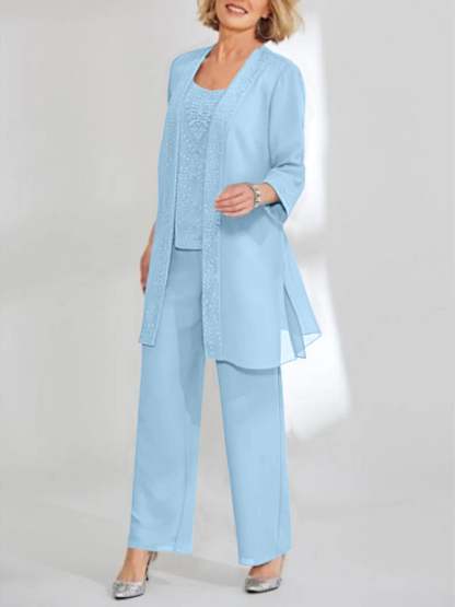 Ankle-Length Chiffon Mother of the Bride Pantsuit with Jacket in Scoop Style