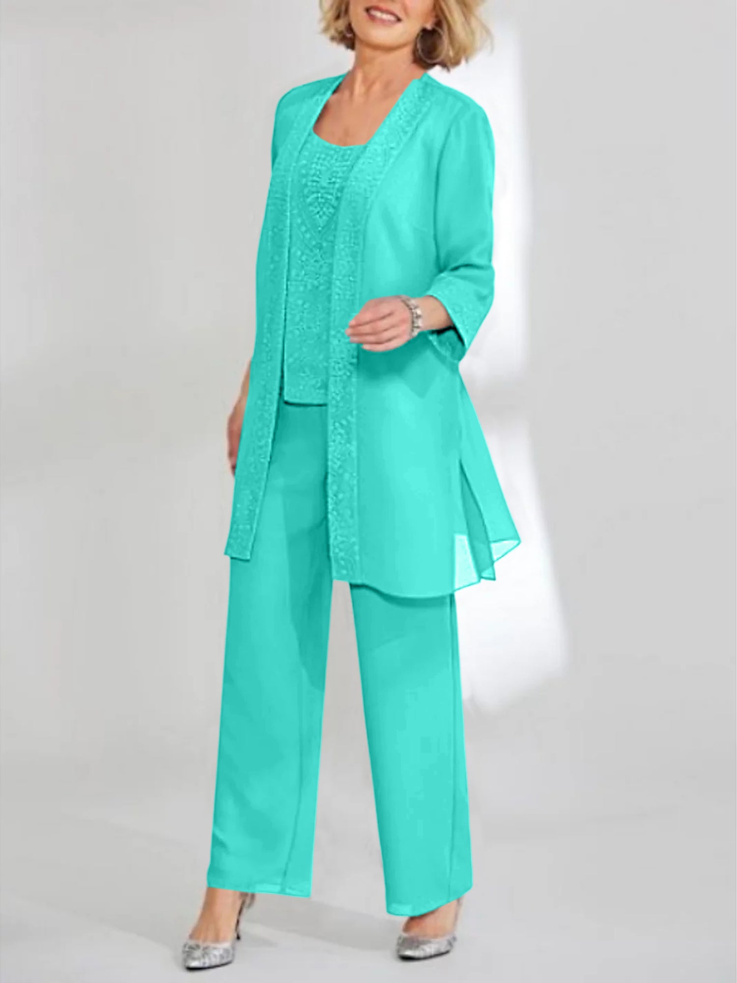 Ankle-Length Chiffon Mother of the Bride Pantsuit with Jacket in Scoop Style
