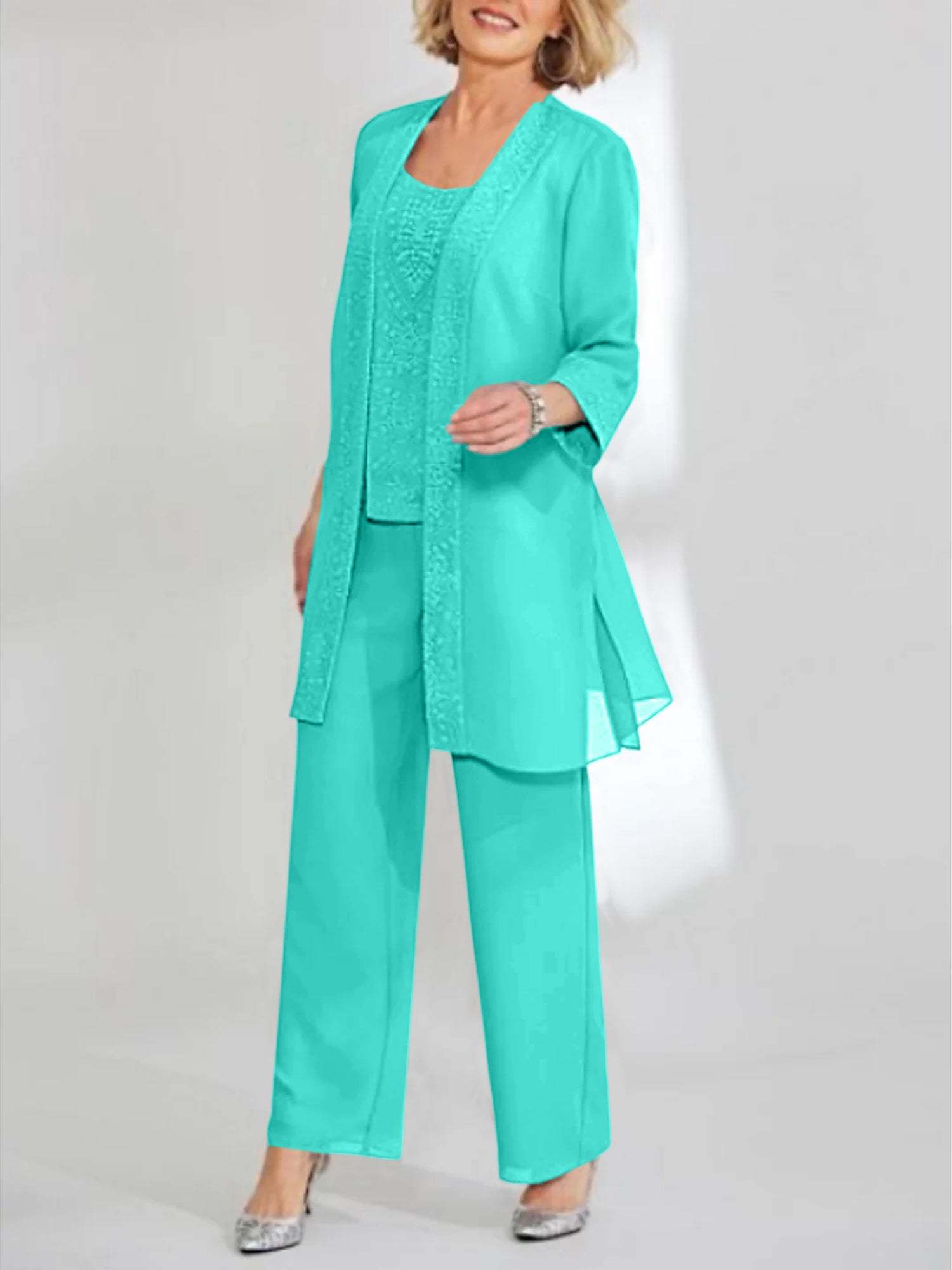 Ankle-Length Chiffon Mother of the Bride Pantsuit with Jacket in Scoop Style