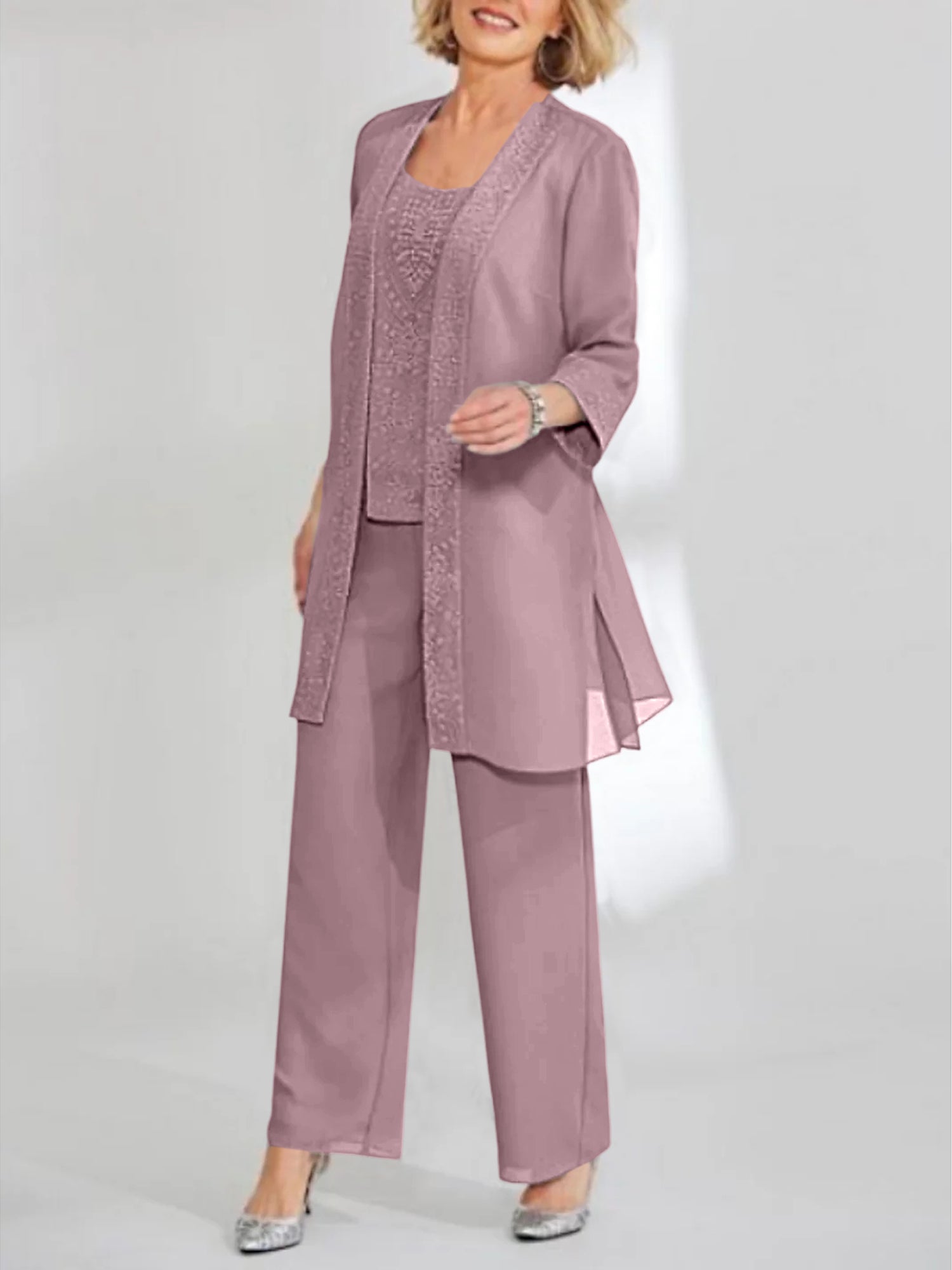 Ankle-Length Chiffon Mother of the Bride Pantsuit with Jacket in Scoop Style