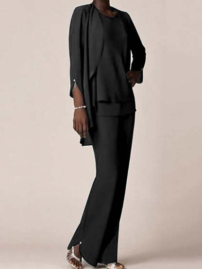 Floor-Length V-Neck Chiffon Pantsuit with Ruffles for the Mother of the Bride