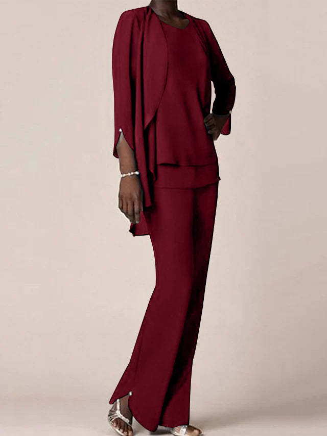 Floor-Length V-Neck Chiffon Pantsuit with Ruffles for the Mother of the Bride