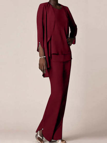 Floor-Length V-Neck Chiffon Pantsuit with Ruffles for the Mother of the Bride