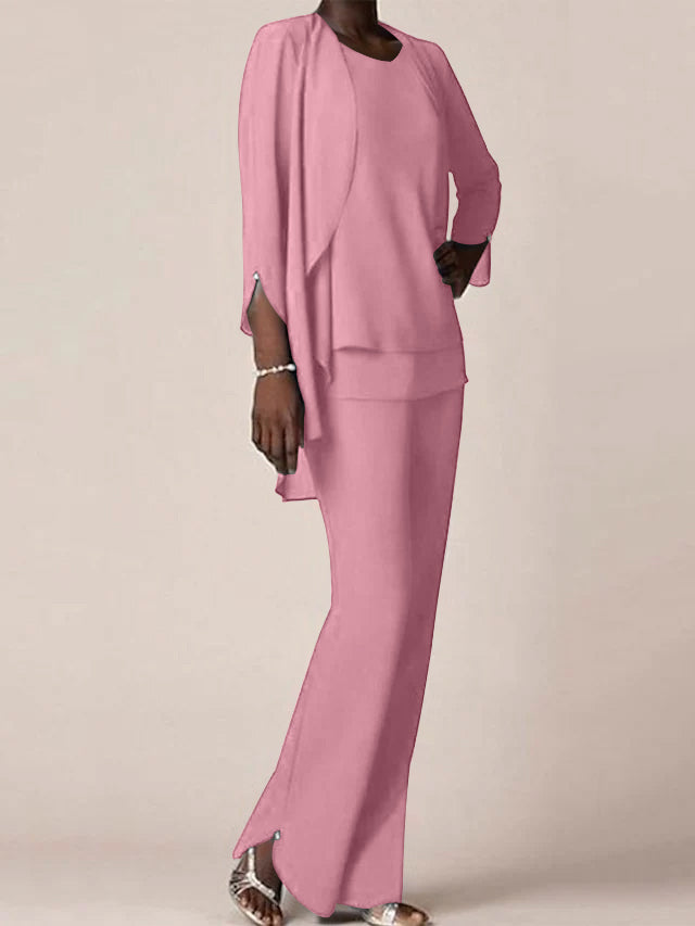 Floor-Length V-Neck Chiffon Pantsuit with Ruffles for the Mother of the Bride