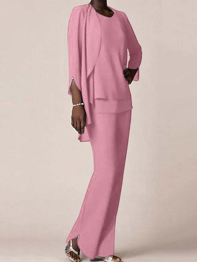 Floor-Length V-Neck Chiffon Pantsuit with Ruffles for the Mother of the Bride