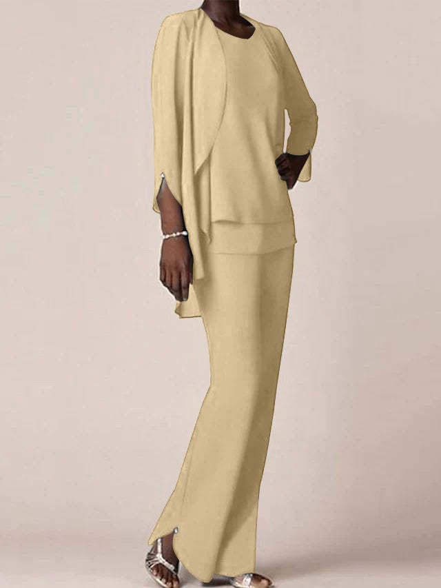 Floor-Length V-Neck Chiffon Pantsuit with Ruffles for the Mother of the Bride
