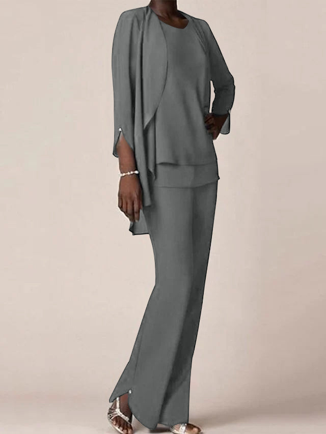 Floor-Length V-Neck Chiffon Pantsuit with Ruffles for the Mother of the Bride