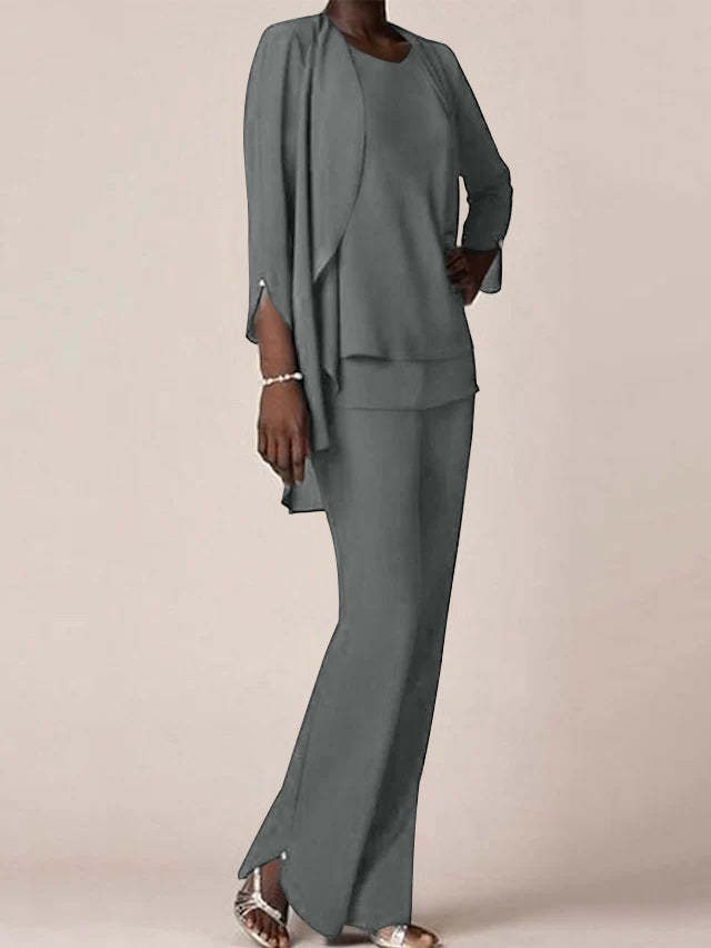 Floor-Length V-Neck Chiffon Pantsuit with Ruffles for the Mother of the Bride