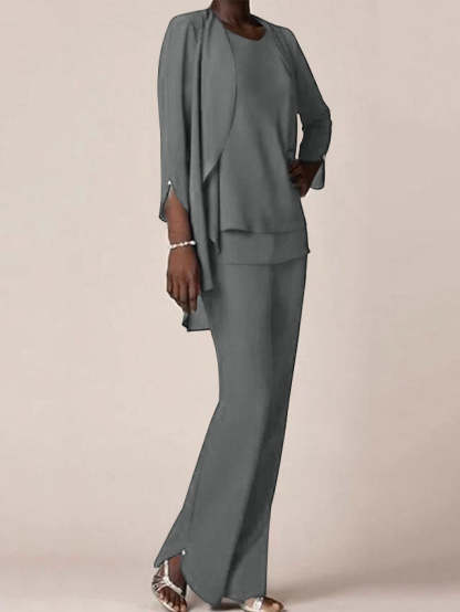 Floor-Length V-Neck Chiffon Pantsuit with Ruffles for the Mother of the Bride
