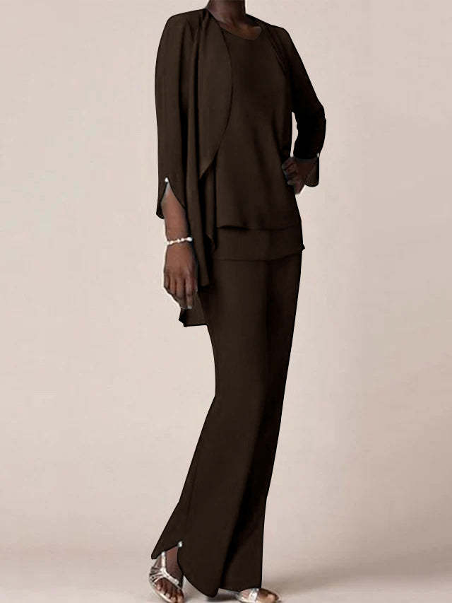 Floor-Length V-Neck Chiffon Pantsuit with Ruffles for the Mother of the Bride