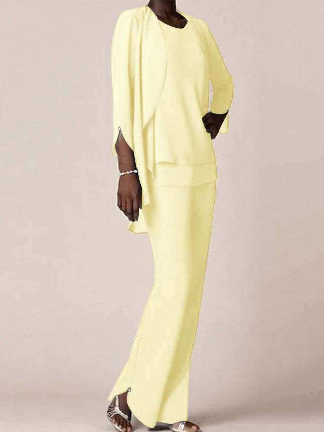 Floor-Length V-Neck Chiffon Pantsuit with Ruffles for the Mother of the Bride